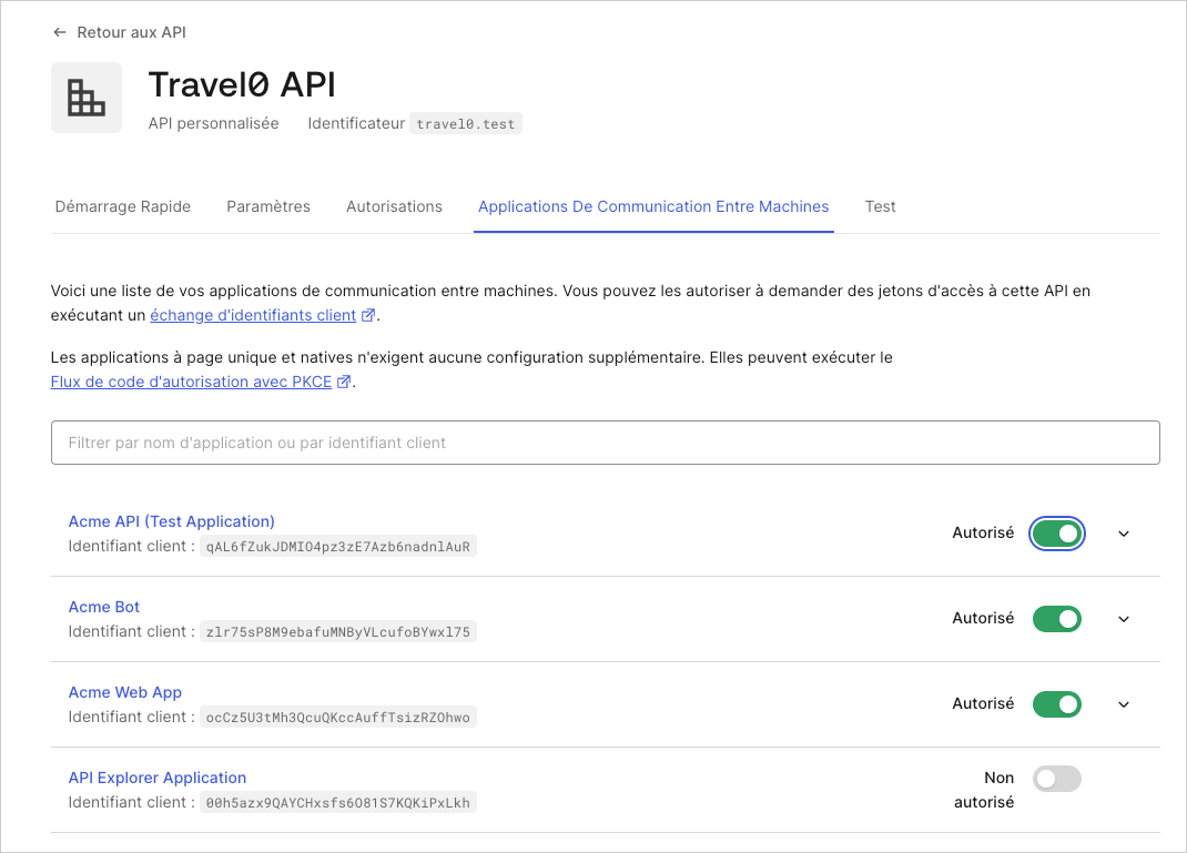 Dashboard (Tableau de bord) - Applications - API - Machine-to-Machine Applications (Applications machine-machine)