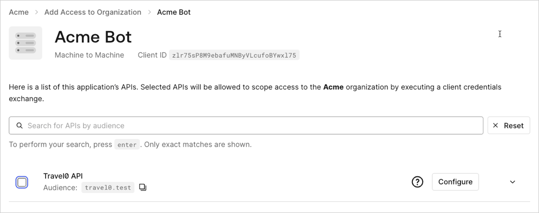 Auth0 Dashboard showing the revoke M2M access view for removing an application client grant from an organization