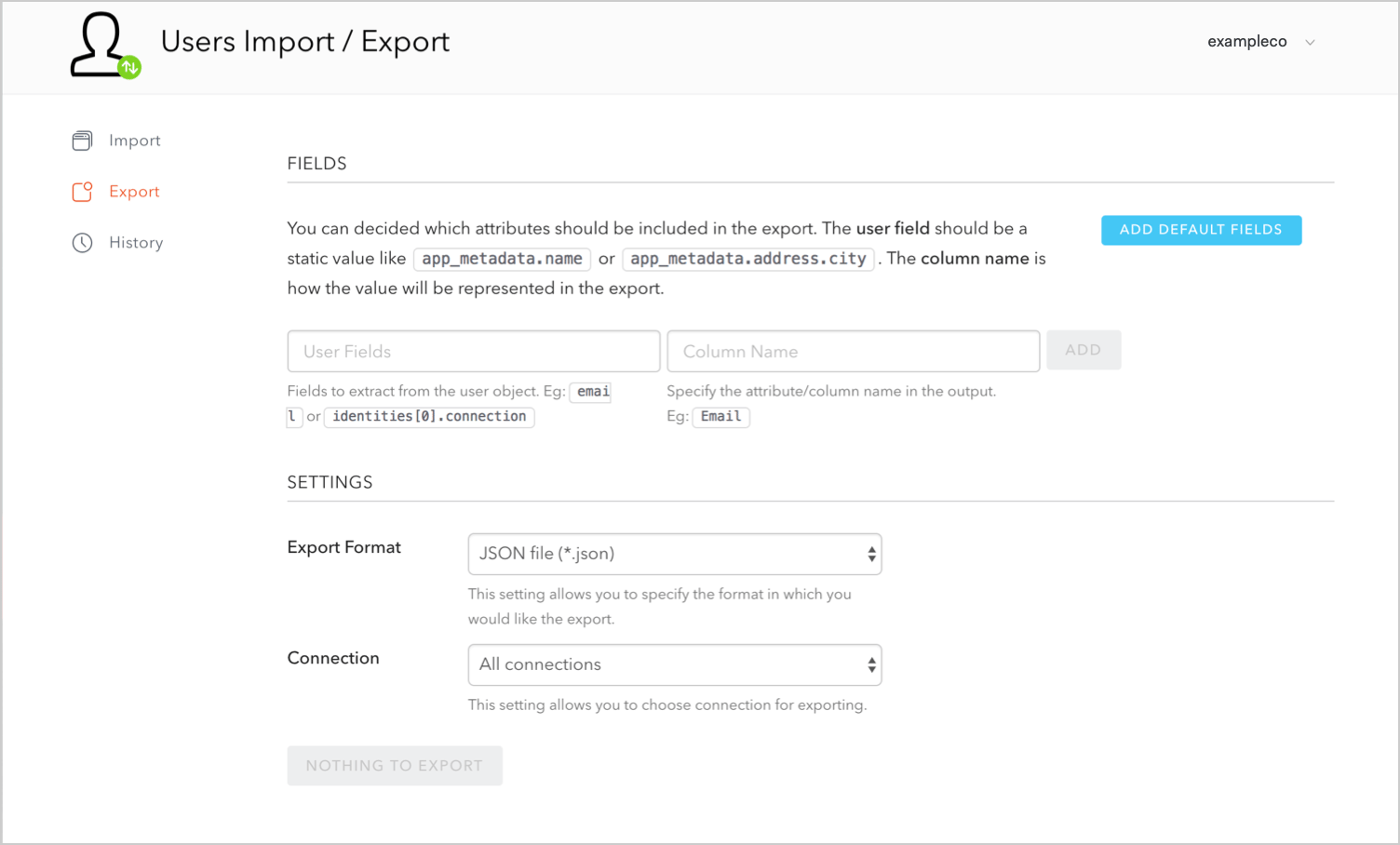 Dashboard Extensions Users Import Export Export Users page
