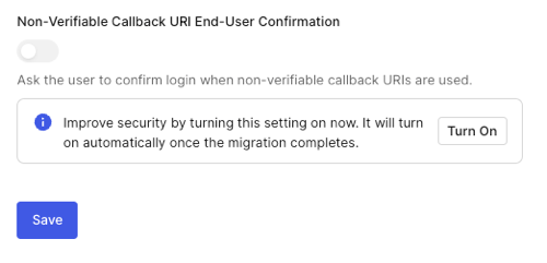 Auth0 Dashboard>Tenant Settings>Advanced>Skip Custom URI toggle