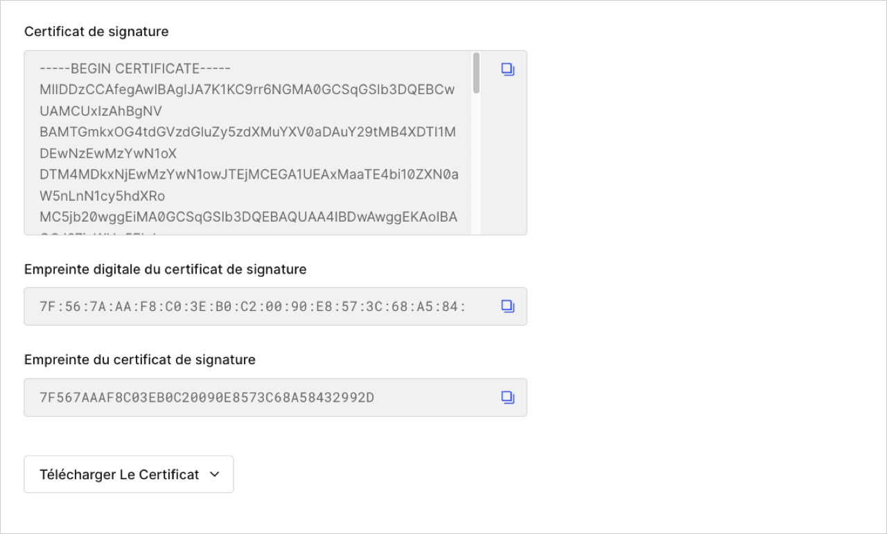 Dashboard Applications Paramètres avancés (Advanced Settings) onglet Certificate (Certificats)