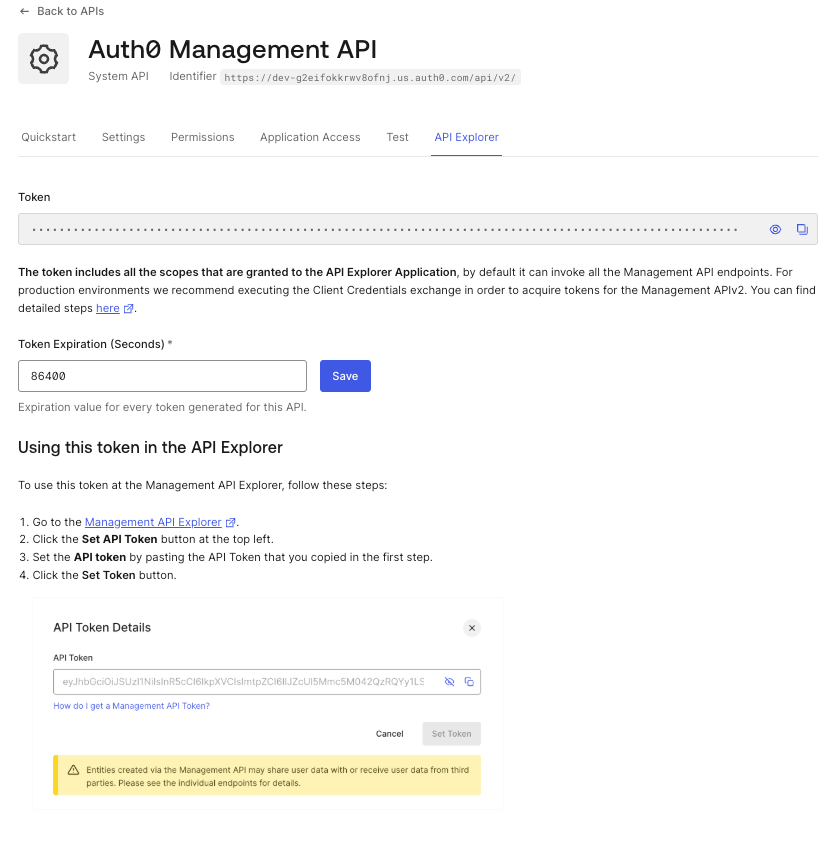 Dashboard Applications APIs Auth0 Management API Explorer Tab Authorize and Test