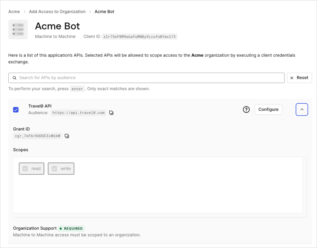 Auth0 Dashboard showing M2M access configuration for an application associated with an organization and API