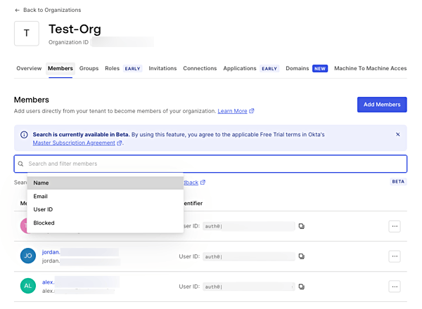 Auth0 Dashboard > Organizations > Members