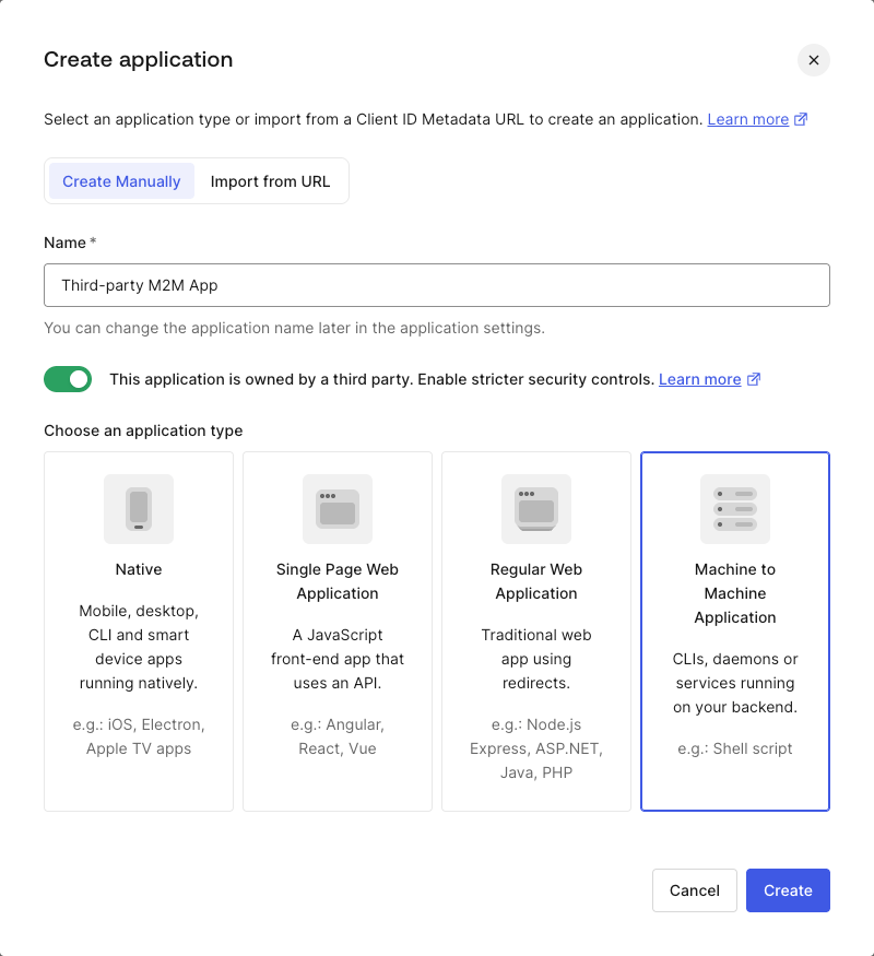 Dashboard Create Application dialog with third-party toggle enabled
