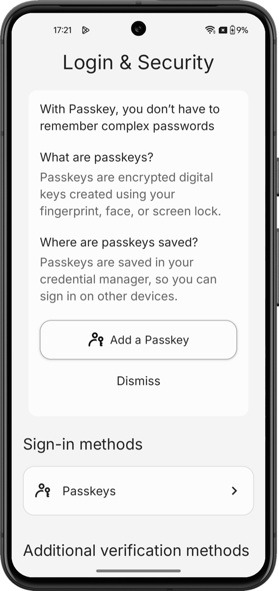 Passkey enrollment screen showing educational content and Add a Passkey button on Android