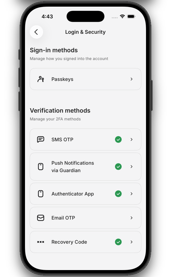 MyAccountAuthMethodsView component showing sign-in methods and verification methods