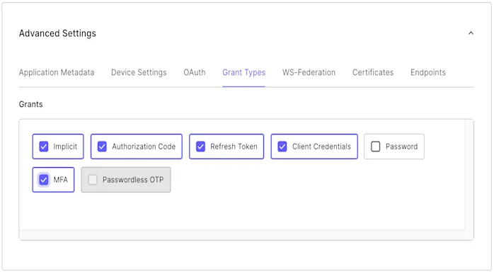 Dashboard Applications Applications Advanced Settings Grant Types tab