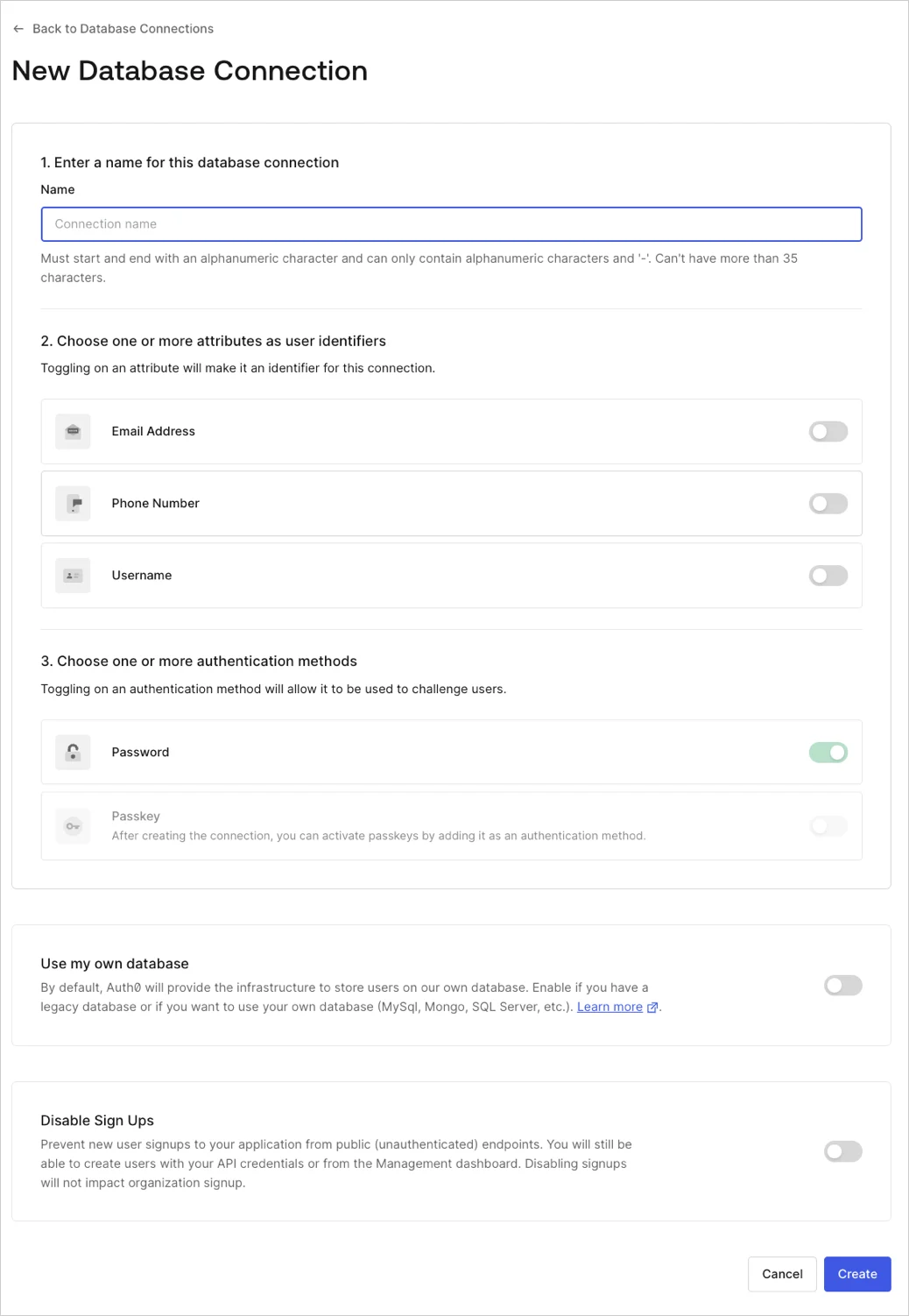 Dashboard - Authentication - Database - New DB Connection
