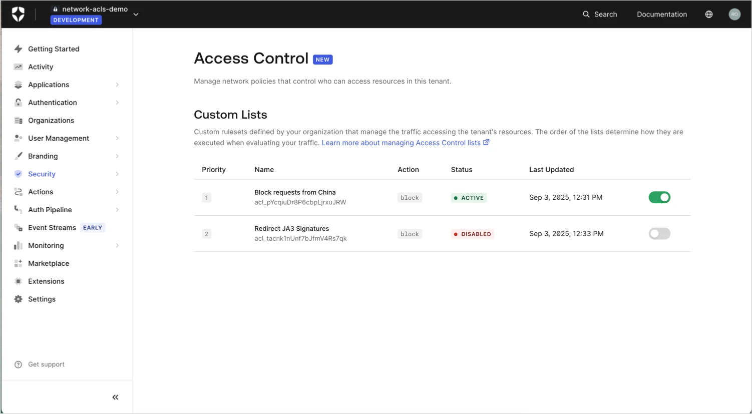 Enable or disable a Tenant ACL rule in the Auth0 Dashboard