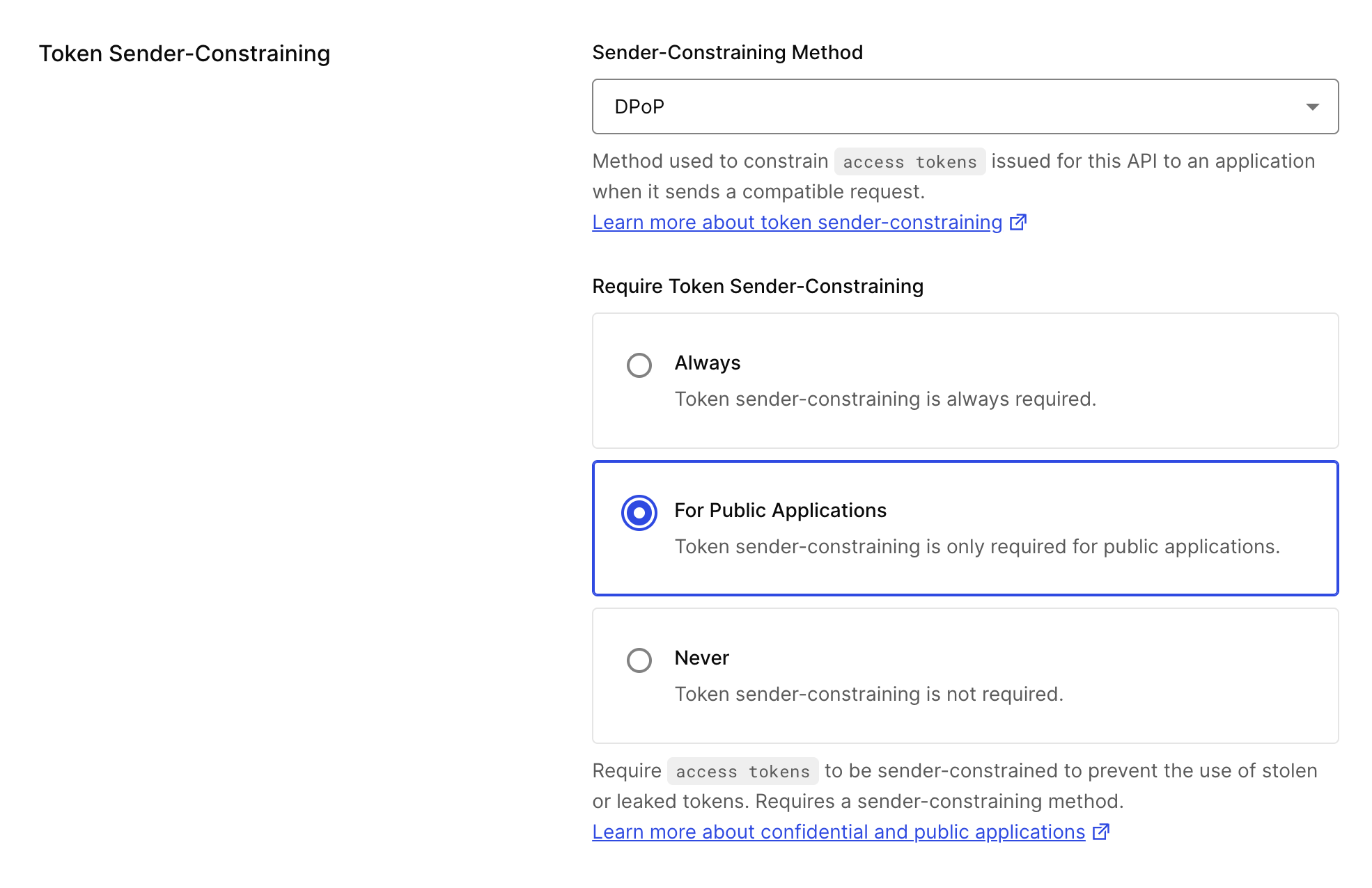Auth0 Dashboard > APIs > Settings > Token binding