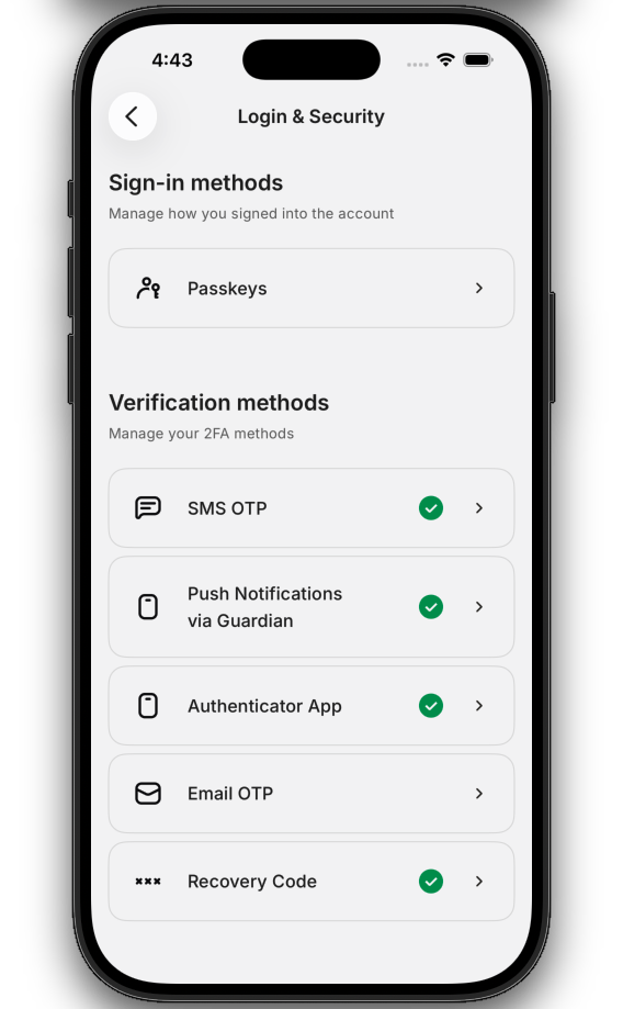 MyAccountAuthMethodsView component showing sign-in methods and verification methods