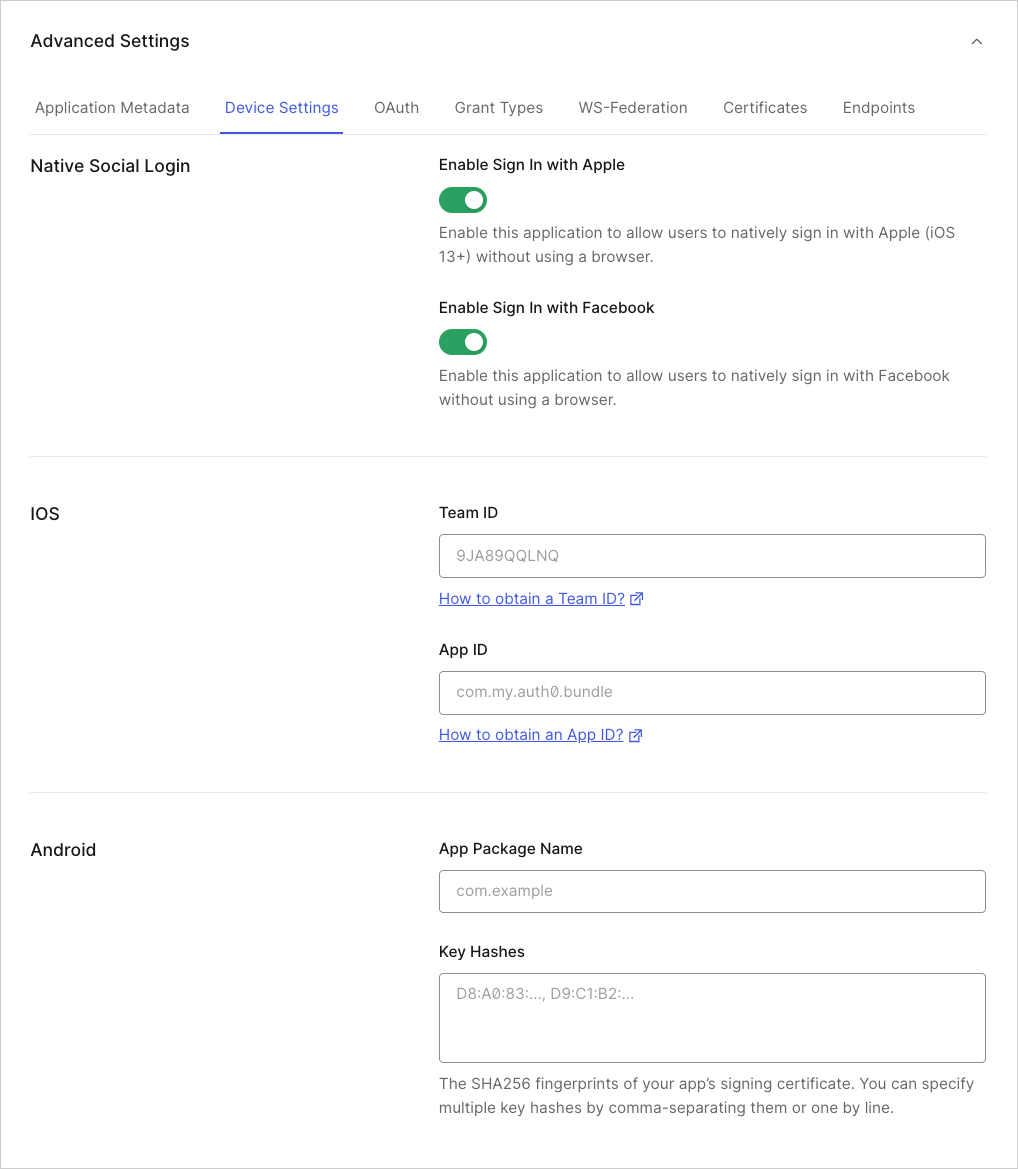 Application Client Settings: Advanced Device Settings