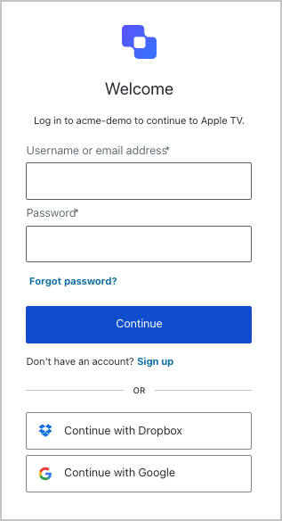 Auth0 Flows Device Authorization User authorization prompt directing the user to log in with email and password or with Google or another identity