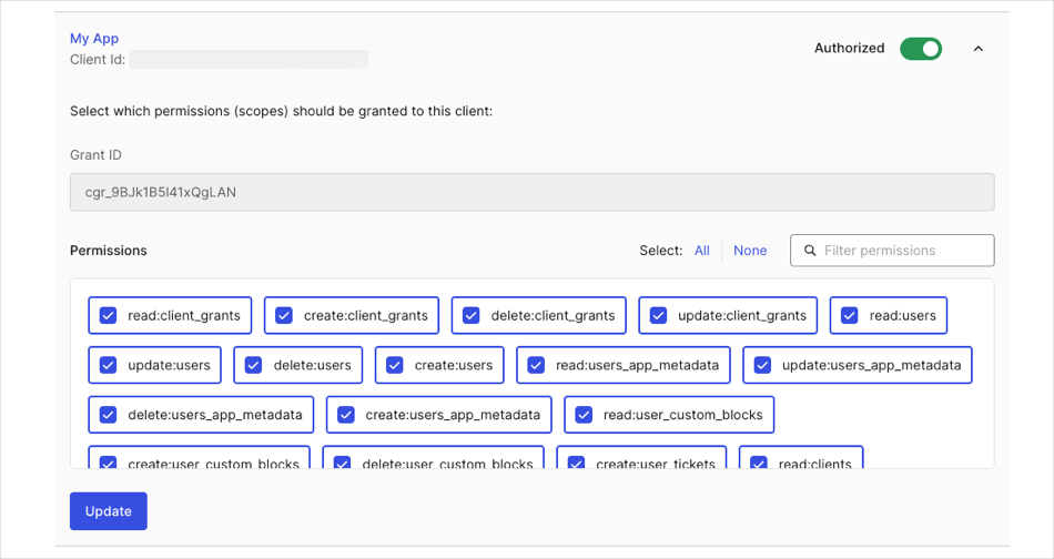 Auth0 Dashboard > APIs > Management API >  M2M Tab > App Permissions