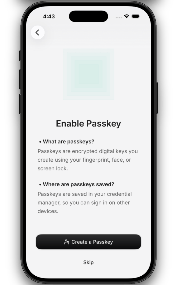 Passkey enrollment screen showing educational content and Create a Passkey button