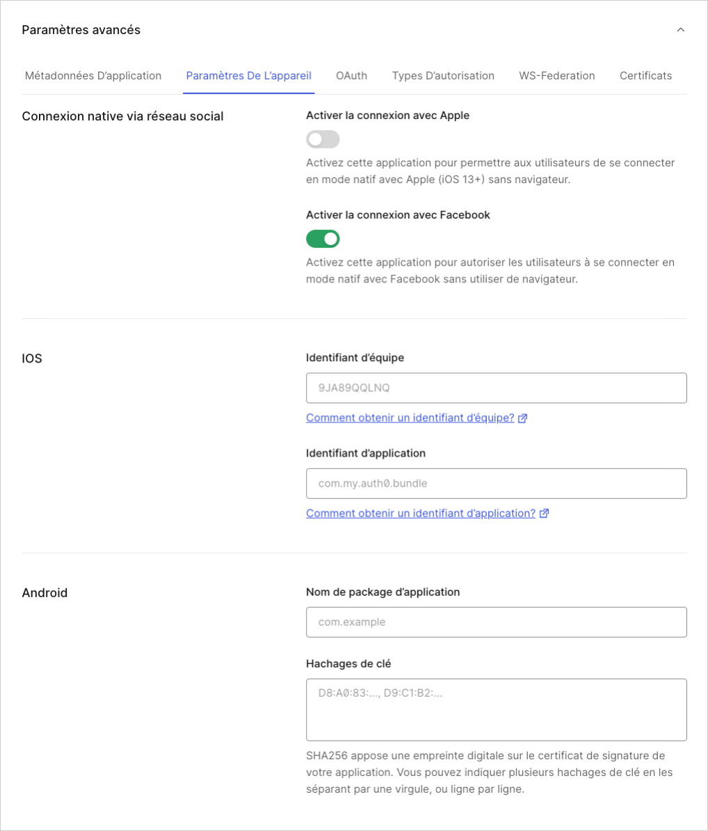 Application Client Settings: Advanced Device Settings