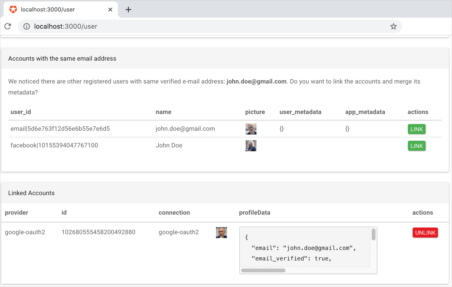 Example application with server-side account linking page