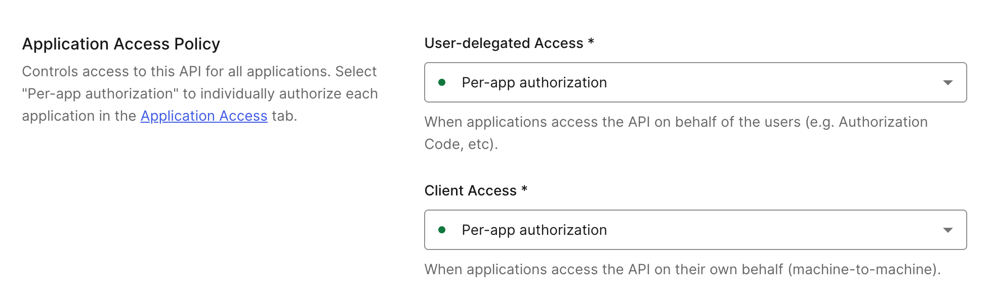 Dashboard API Settings for Application Access Policy