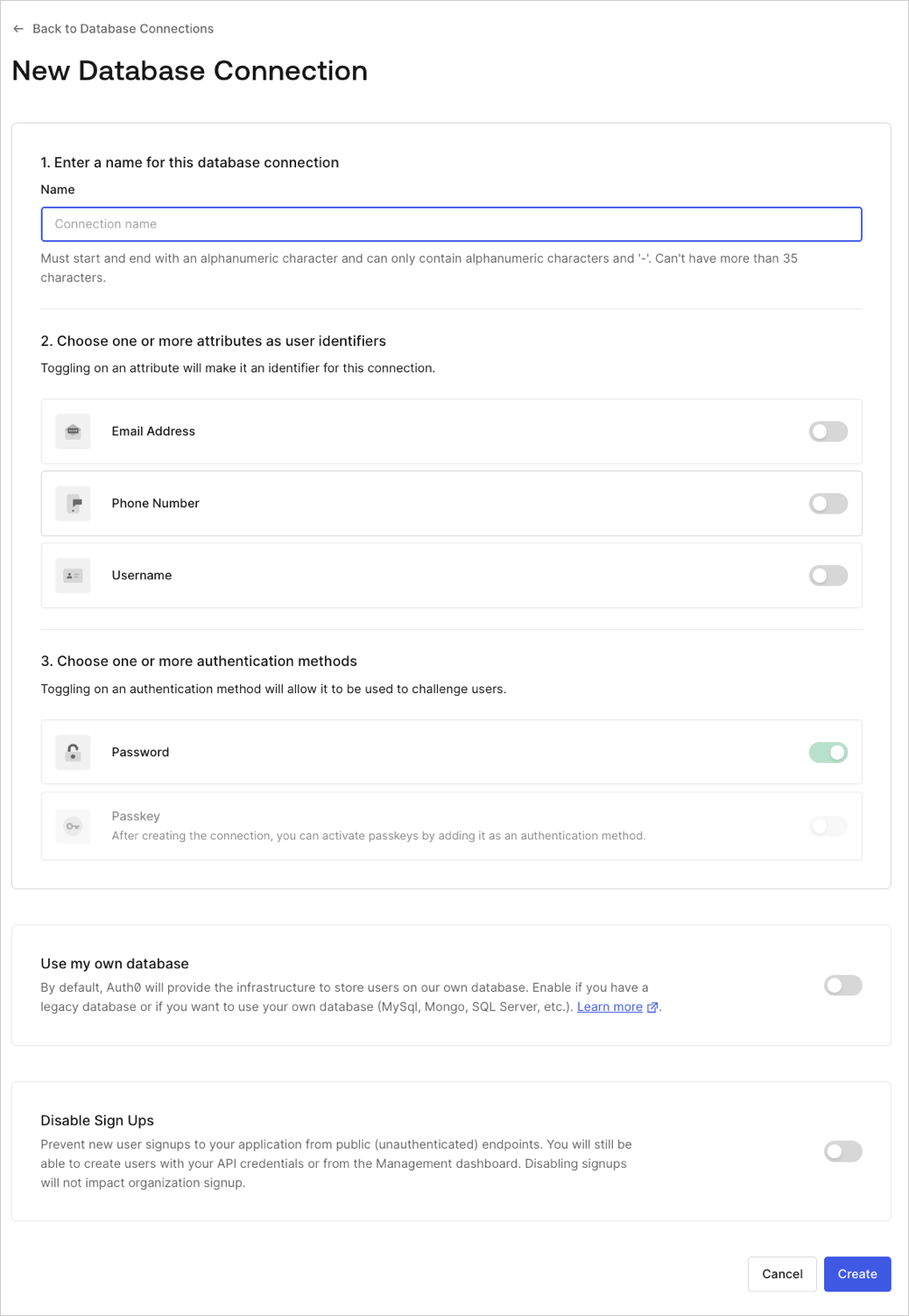 Auth0 Dashboard - Authentication - Database - 新しい DB 接続
