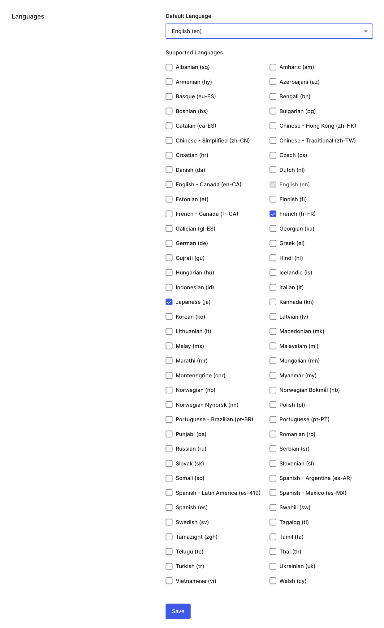 Dashboard Tenant Settings Onglet général Langues