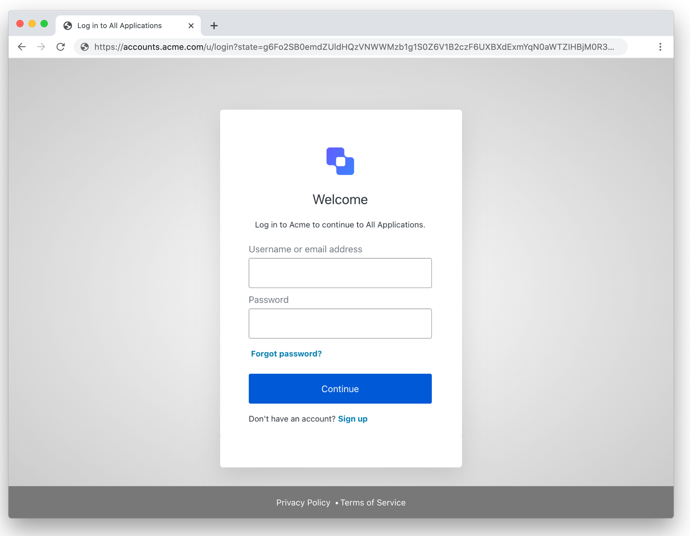 Exemple de mise en page de la boîte Universal Login avec adresse courriel, mot de passe et pieds de page