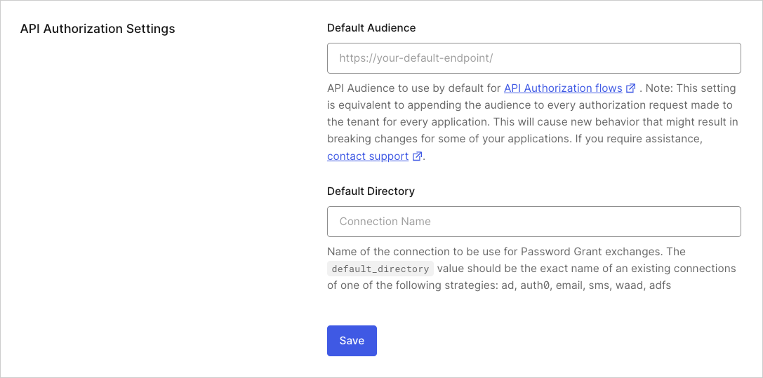 Paramètres d’autorisation de l’API dans l’onglet Général des paramètres du tenant du Dashboard