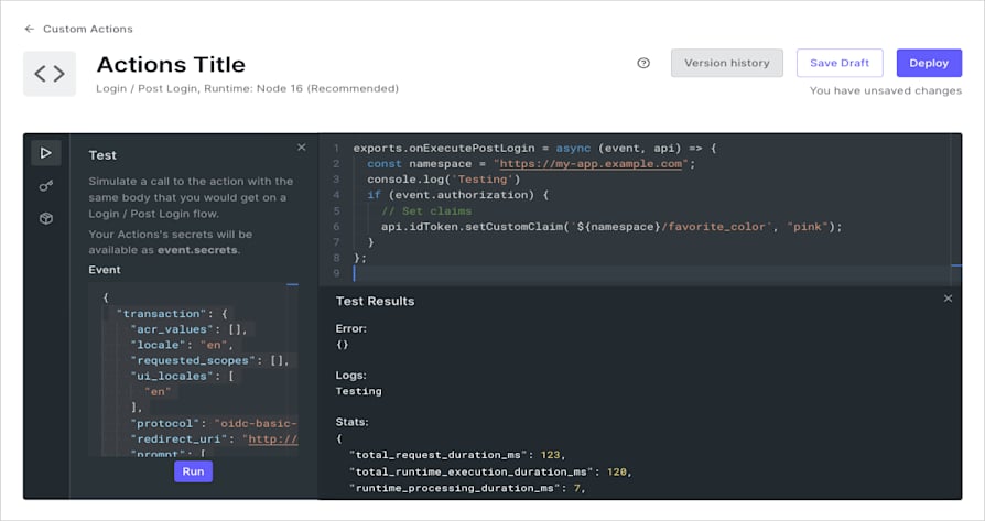 Capture d’écran du module de test dans l’Actions Code Editor