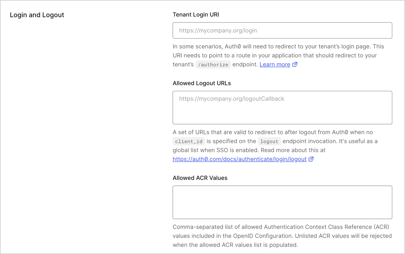 Onglet Advanced des paramètres de l’Auth0 Dashboard pour Login et Logout