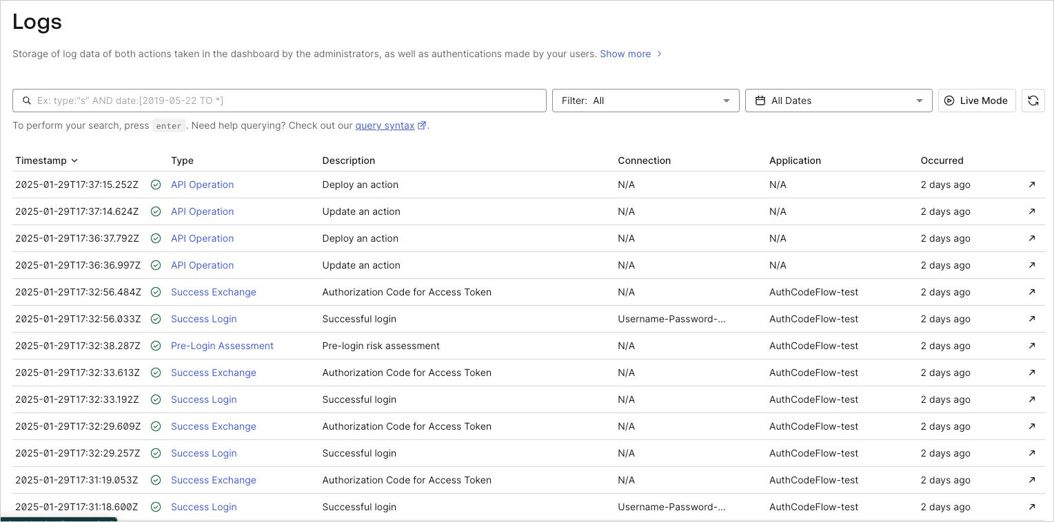 Capture d’écran de la liste des journaux du tenant dans l’Auth0 Dashboard, montrant les journaux associés à l’exécution d’une Action.