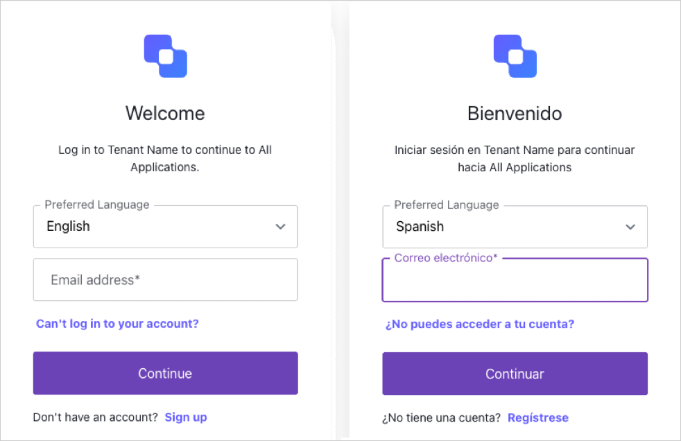Two Universal Login prompts showing the language selection menu. 