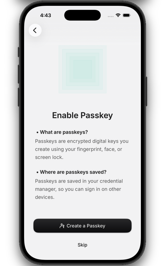 Passkey enrollment screen showing educational content and Create a Passkey button