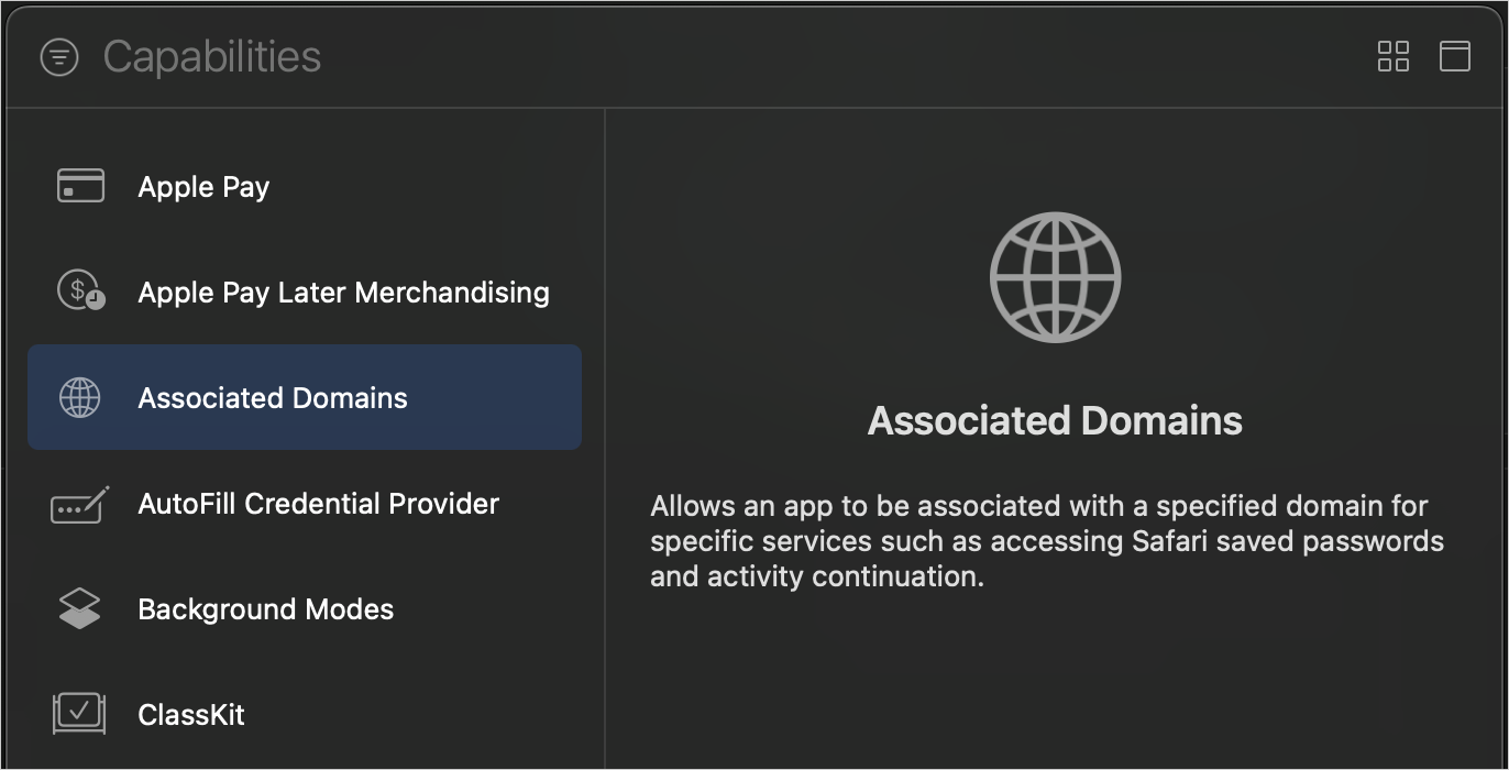 ［Xcode］> ［Signing & Capabilities（署名と機能）］タブ > ［Add New（新規追加）］ > ［Associated Domains（関連ドメイン）］