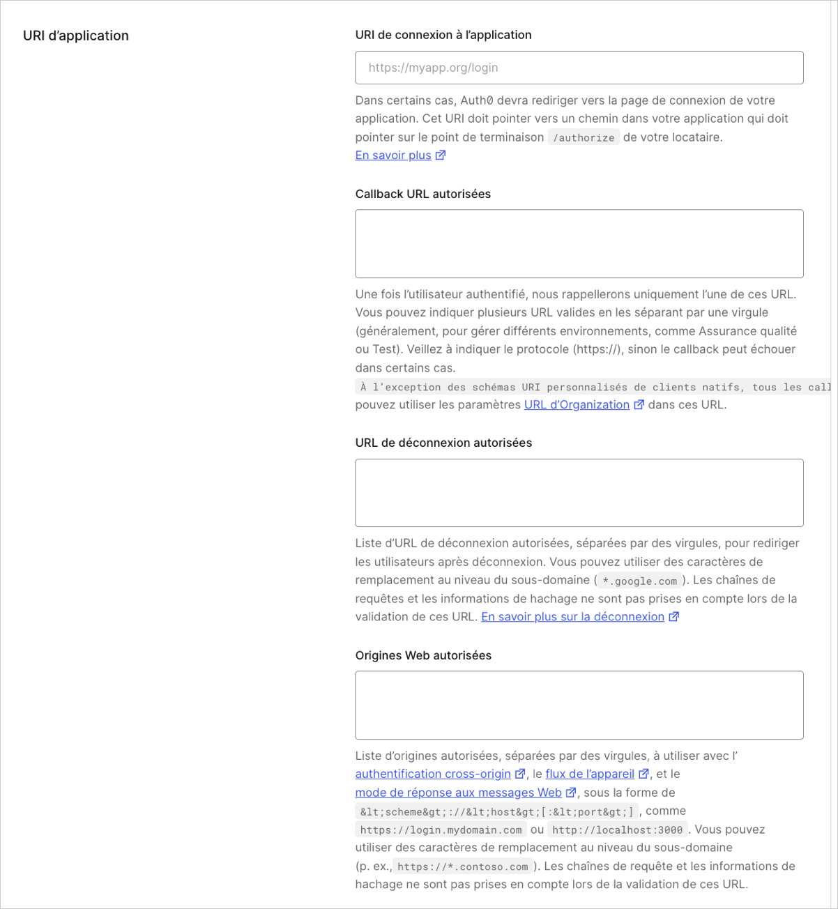 Tableau de bord Applications Paramètres d’application URIs de l’application