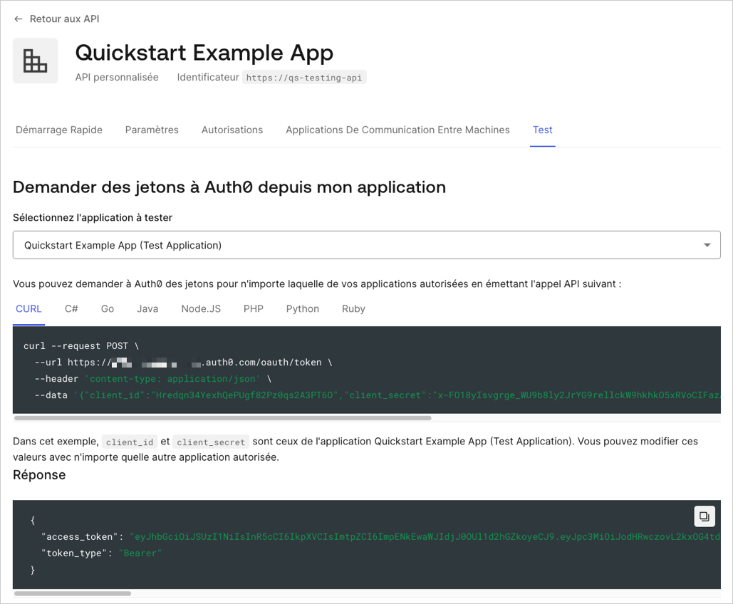Auth0 Dashboard> Applications > API > [API specifique] > Onglet Test