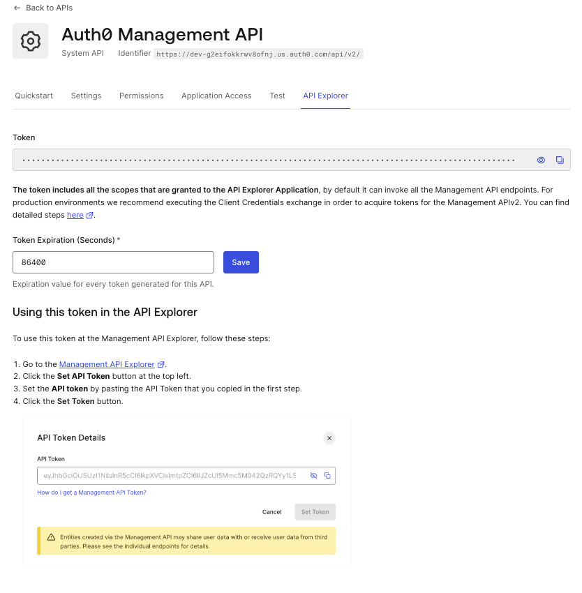 Dashboard Applications APIs Auth0 Management API Explorer Tab Authorize and Test