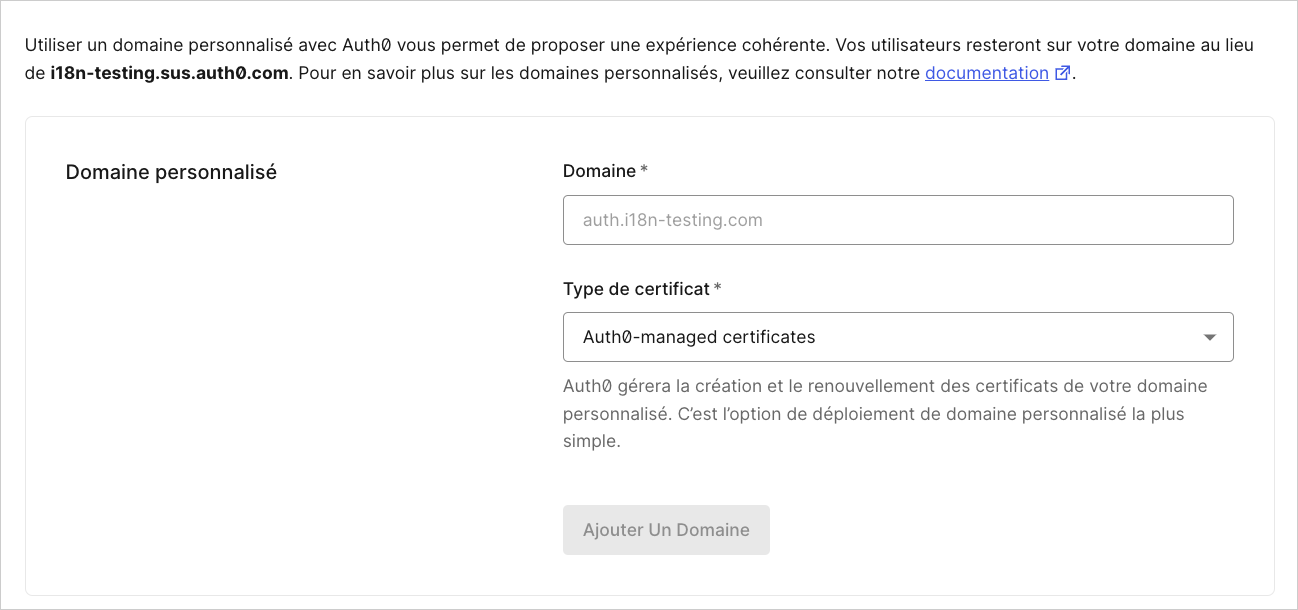 Dashboard Paramètres de locataire Onglet Domaines personnalisés