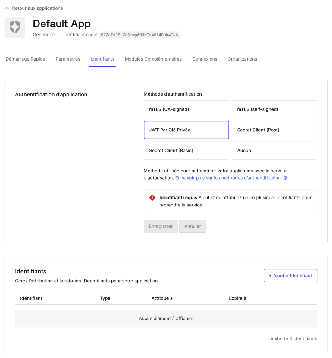 Configuration de l’authentification JWT Private Key (Clé privée JWT) - Instructions pour le Auth0 Dashboard (Tableau de bord Auth0)