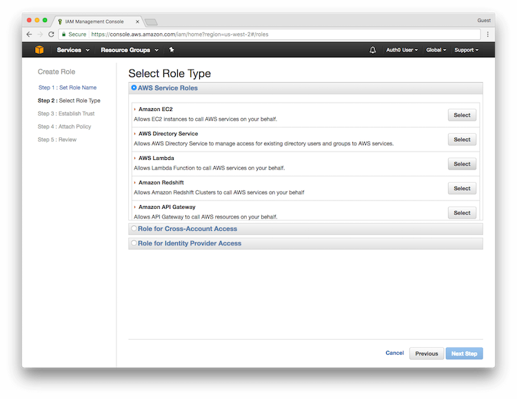 IAM Console - Select the Role Type - Service Roles - AWS Lambda