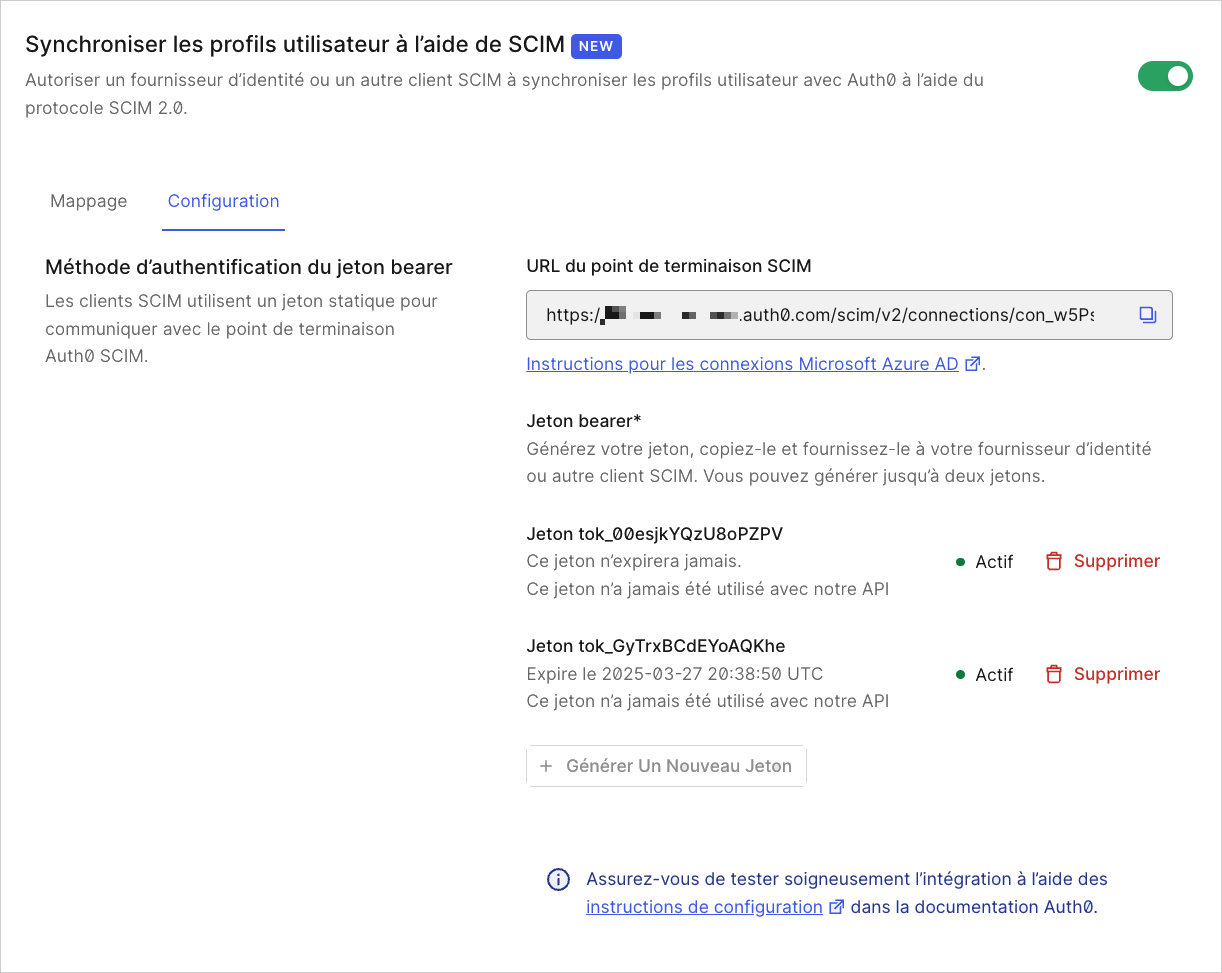 Capture d’écran du tableau de bord de la configuration SCIM