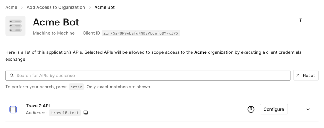 Auth0 Dashboard showing the revoke M2M access view for removing an application client grant from an organization