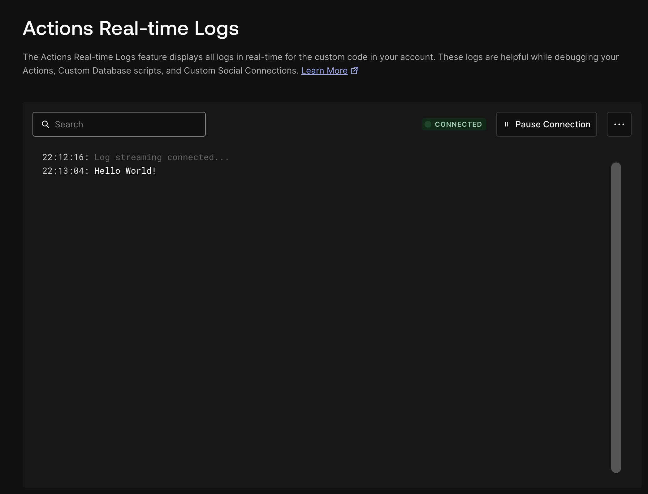 Real-time action logs in dashboard
