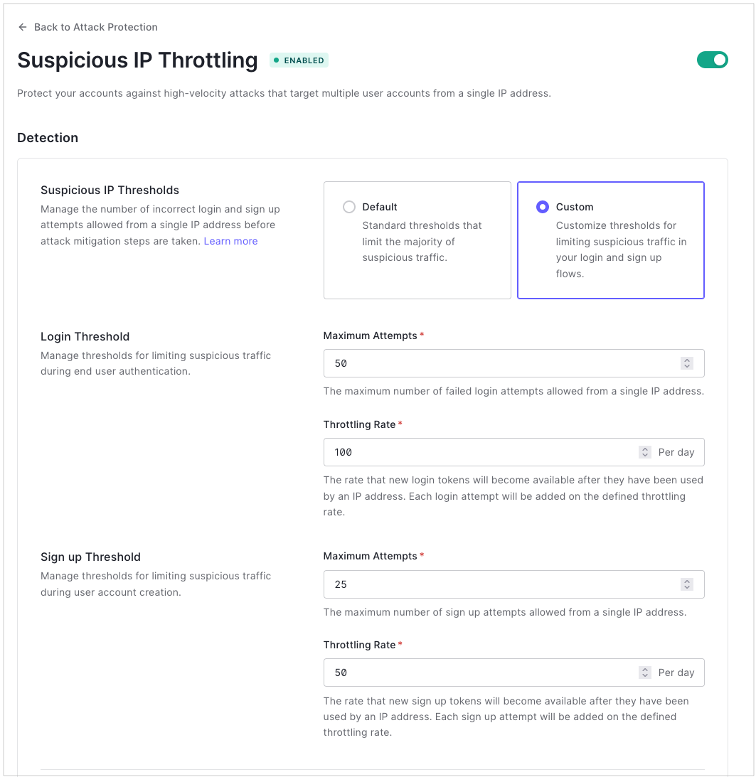 Suspicious IP throttling customization in the Auth0 dashboard