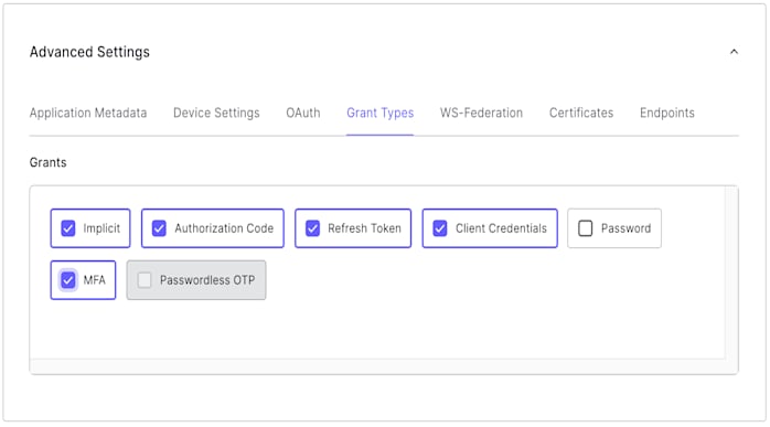 Dashboard Applications Applications Advanced Settings Grant Types tab