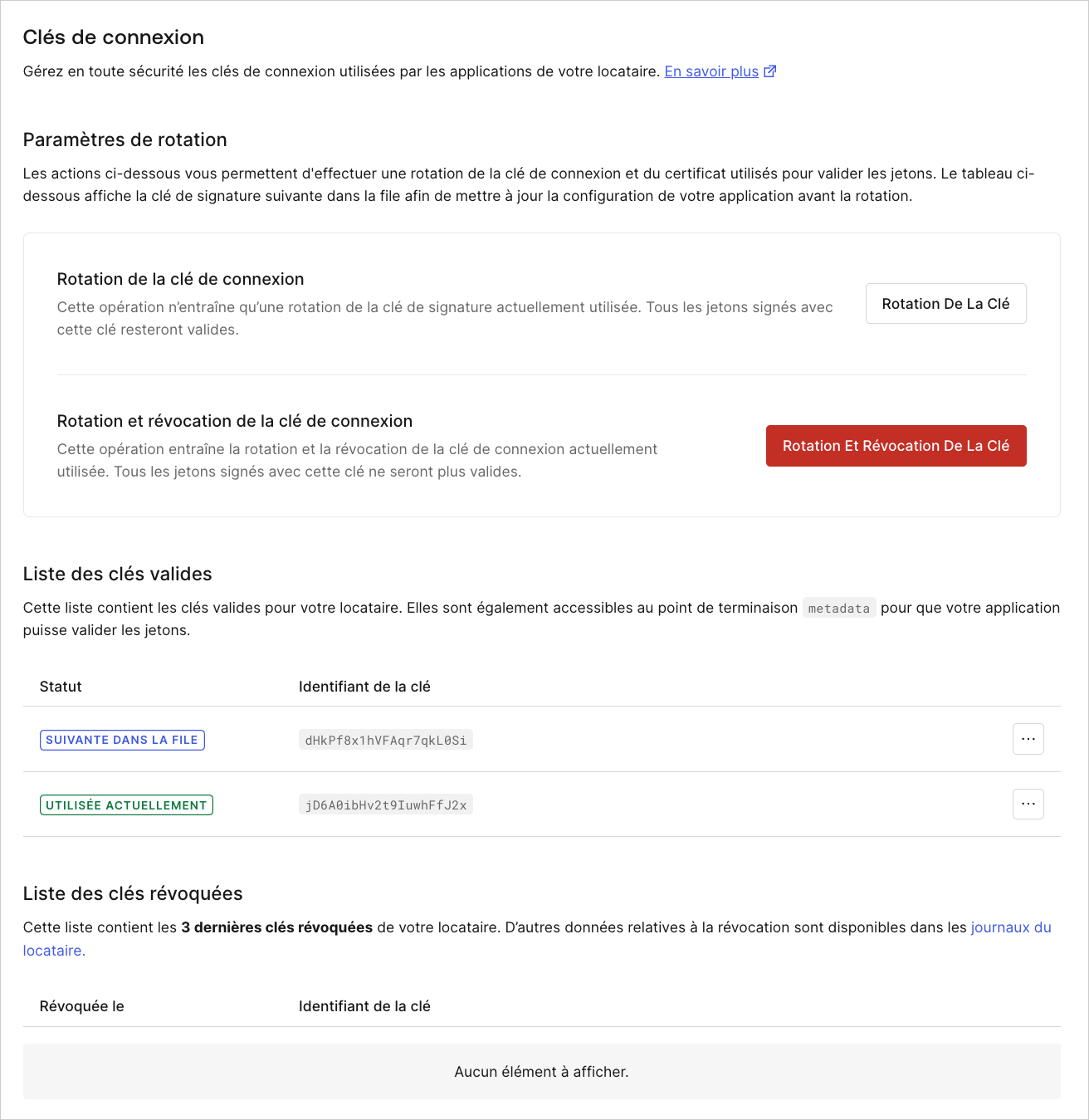 Tableau de bord Paramètres de locataire Onglet Clés d’authentification