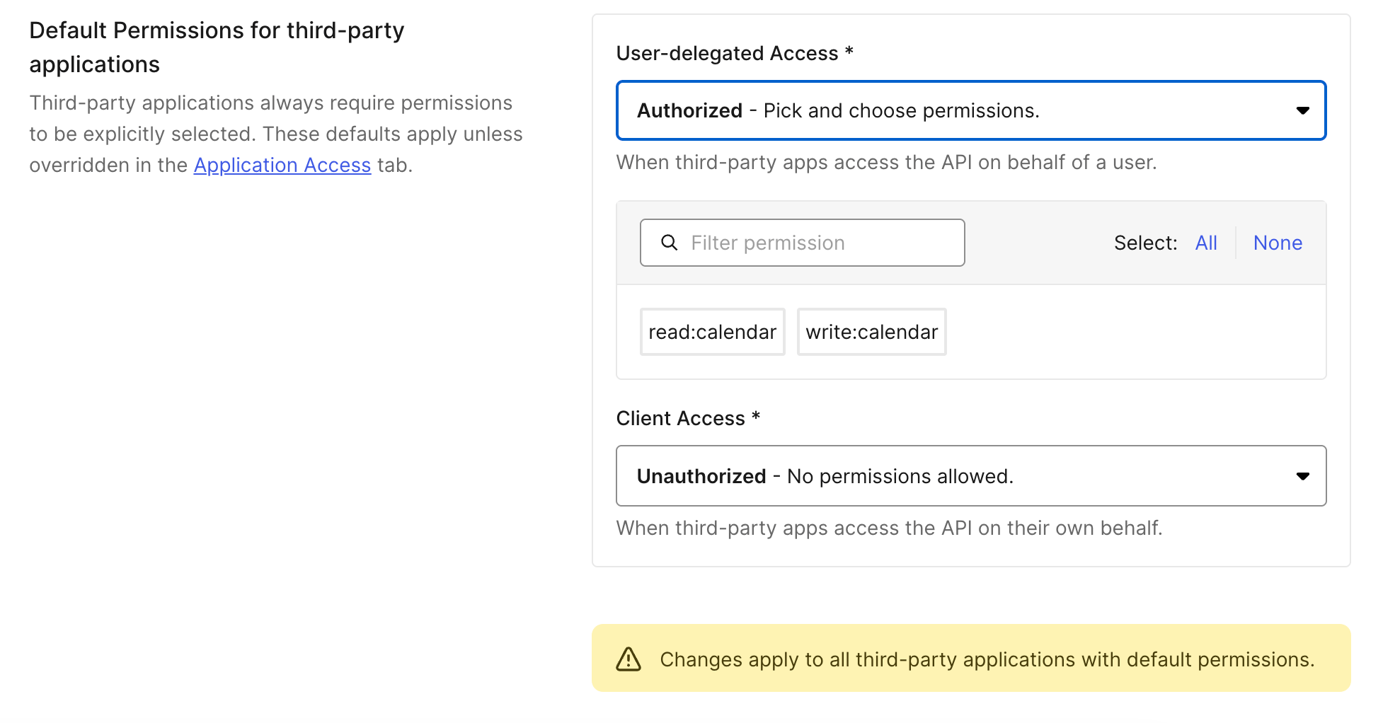 Dashboard API Settings with Default Permissions for Third Party Apps
