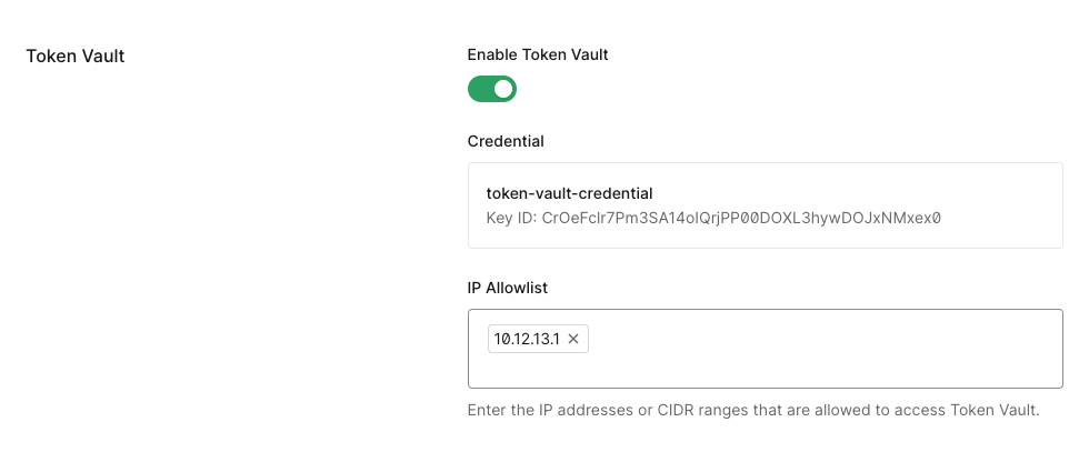 Token Vault settings showing Enable Token Vault toggle and Credential selector