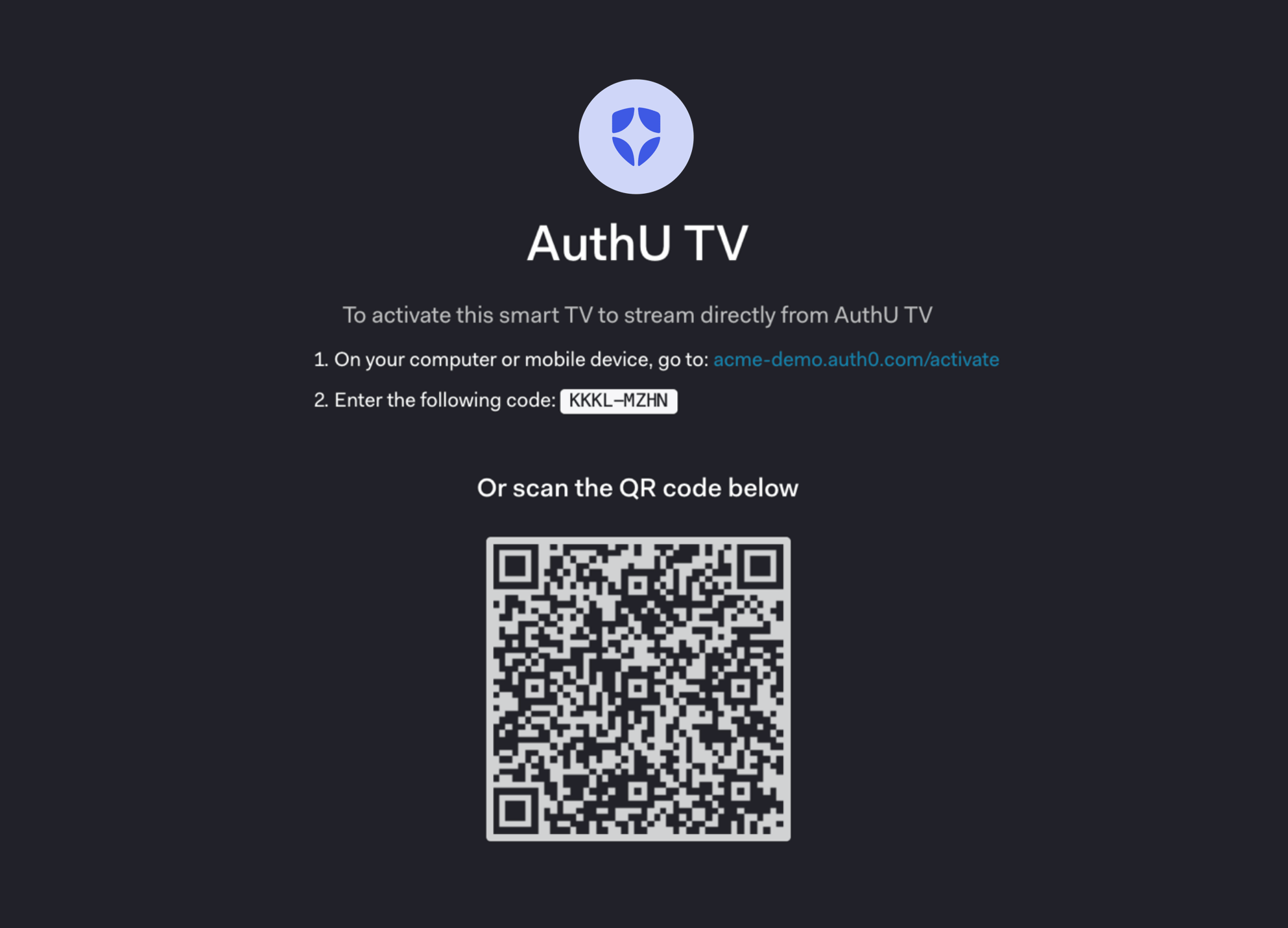 Auth0 Flows Device Authorization Request, sample page showing two activation methods, user_code and QR code