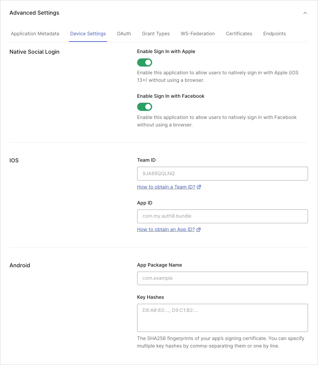 Application Client Settings: Advanced Device Settings