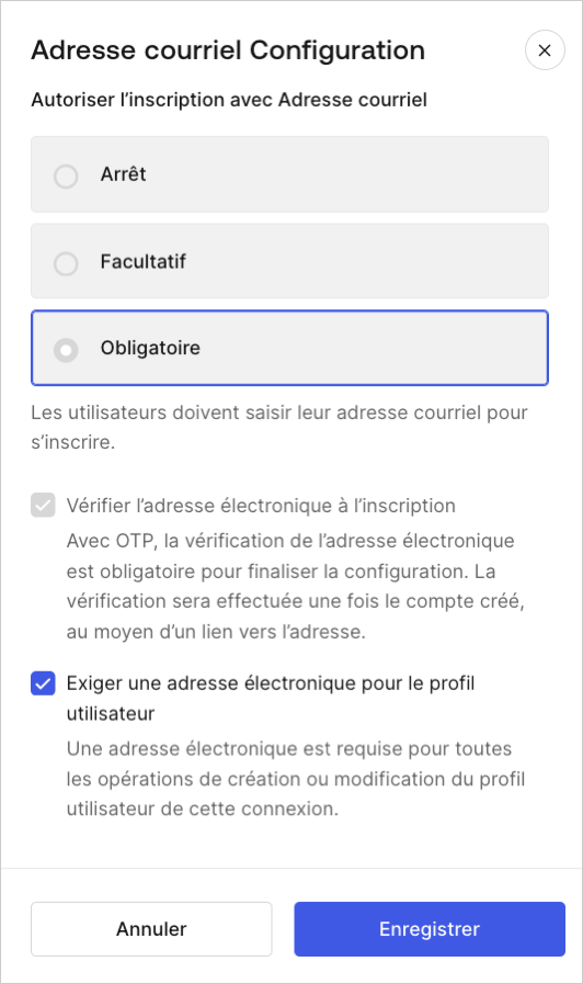 Auth0 Dashboard (Tableau de bord Auth0) > Authentication (Authentification) > Database Connections (Connexions à la base de données) > Authentication Methods (Méthodes d’authentification)